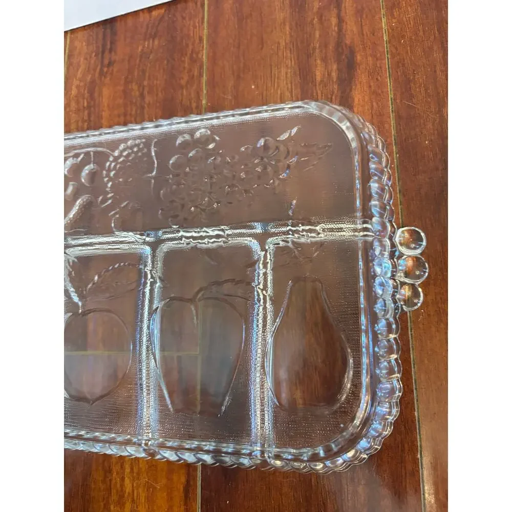 Vintage Indiana Glass Clear 5 Section Divided Embossed Fruit 9x12 Serving Tray